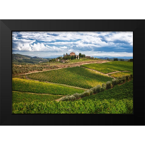 Italy-Tuscany A view of the vineyards and villa in Chianti region of Tuscany-Italy Black Modern Wood Framed Art Print by Eggers, Julie