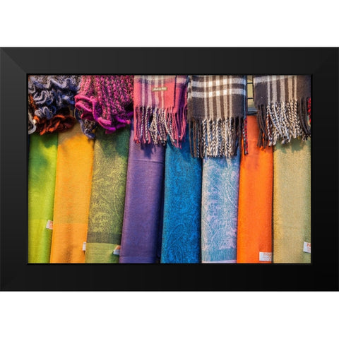 Italy-Venice Colorful scarfs on display and for sale along the streets of Venice Black Modern Wood Framed Art Print by Eggers, Julie