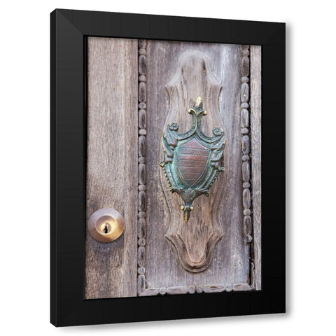Italy-Venice-Burano Island Closeup of brass detail on an old wooden door on Burano Island Black Modern Wood Framed Art Print with Double Matting by Eggers, Julie