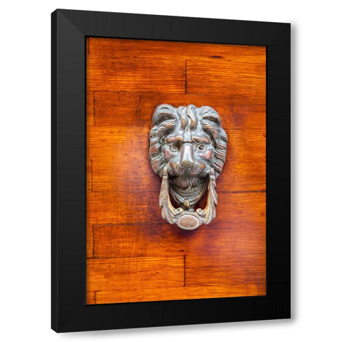 Italy-Venice-Burano Island Closeup of a lion head door knocker on a wooden door Black Modern Wood Framed Art Print by Eggers, Julie