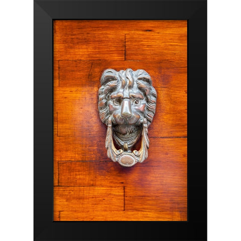 Italy-Venice-Burano Island Closeup of a lion head door knocker on a wooden door Black Modern Wood Framed Art Print by Eggers, Julie