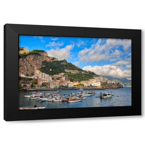 Italy-Amalfi Boats in the harbor and coastal town of Amalfi Black Modern Wood Framed Art Print by Eggers, Julie