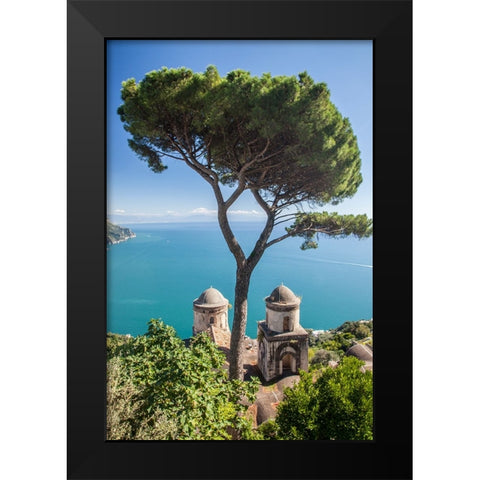 Italy-Campania-Ravello View of the Amalfi Coast and the towers of Villa Rufolo Black Modern Wood Framed Art Print by Eggers, Julie
