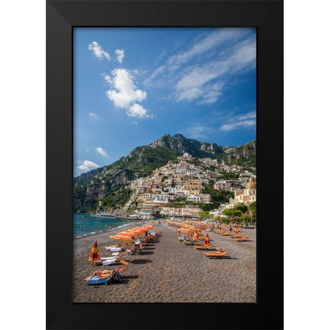 Italy-Positano Beautiful Beach of the Town of Positano with sunbathers Black Modern Wood Framed Art Print by Eggers, Julie