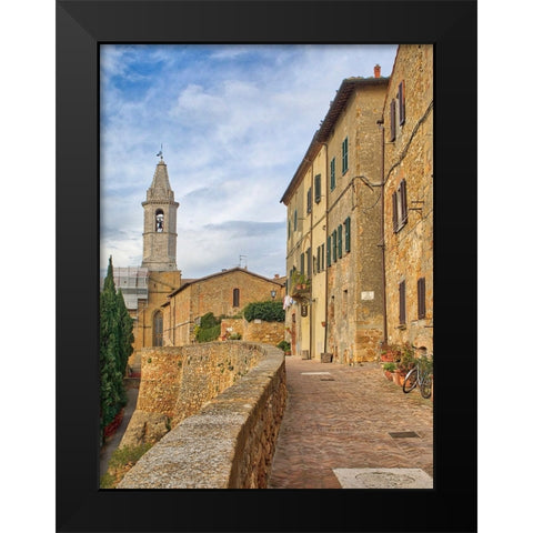 Italy-Tuscany-Pienza Walkway leading to the bell tower of the Pienza cathedral Black Modern Wood Framed Art Print by Eggers, Julie