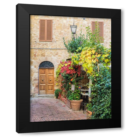 Italy-Tuscany-Pienza Doorway surrounded by flowers Black Modern Wood Framed Art Print by Eggers, Julie
