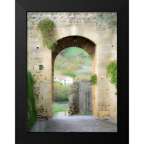 Italy-Chianti-Monteriggioni Looking out an arched entrance into the walled town Black Modern Wood Framed Art Print by Eggers, Julie