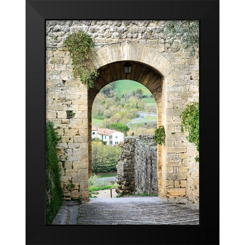 Italy-Chianti-Monteriggioni Looking out an arched entrance into the walled town Black Modern Wood Framed Art Print by Eggers, Julie