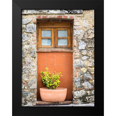 Italy-Chianti-Monteriggioni Wooden shutters on a window with planter below Black Modern Wood Framed Art Print by Eggers, Julie