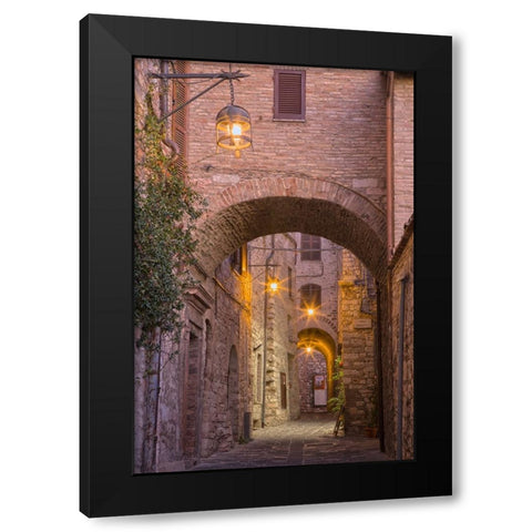 Italy- Umbria- Assisi. Alleyway with arches and lanterns in the evening. Black Modern Wood Framed Art Print with Double Matting by Eggers, Julie