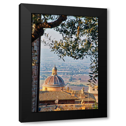 Italy- Umbria- Assisi. The dome of the Convento Chiesa Nuova with the countryside in the distance. Black Modern Wood Framed Art Print with Double Matting by Eggers, Julie