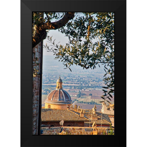 Italy- Umbria- Assisi. The dome of the Convento Chiesa Nuova with the countryside in the distance. Black Modern Wood Framed Art Print by Eggers, Julie