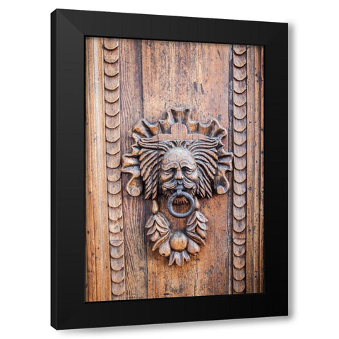 Italy- Umbria- Assisi. Ornate wood carved door knocker. Black Modern Wood Framed Art Print with Double Matting by Eggers, Julie