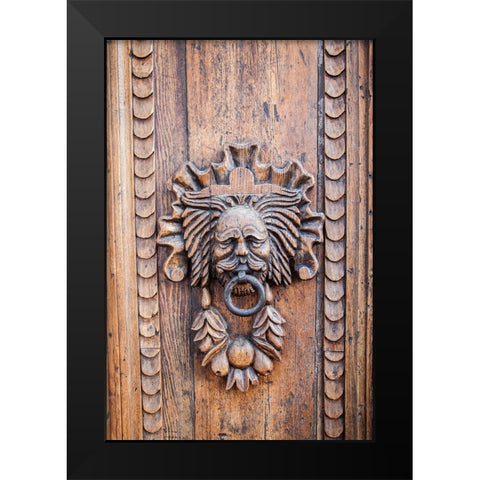 Italy- Umbria- Assisi. Ornate wood carved door knocker. Black Modern Wood Framed Art Print by Eggers, Julie