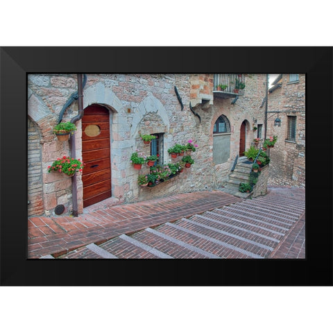 Italy- Umbria- Assisi. Walkway along the streets of Assisi lined with flowering pots. Black Modern Wood Framed Art Print by Eggers, Julie