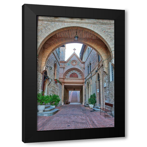 Italy- Umbria- Assisi. Archway and path leading to the Monastero della Santa Croce Catholic Church. Black Modern Wood Framed Art Print by Eggers, Julie