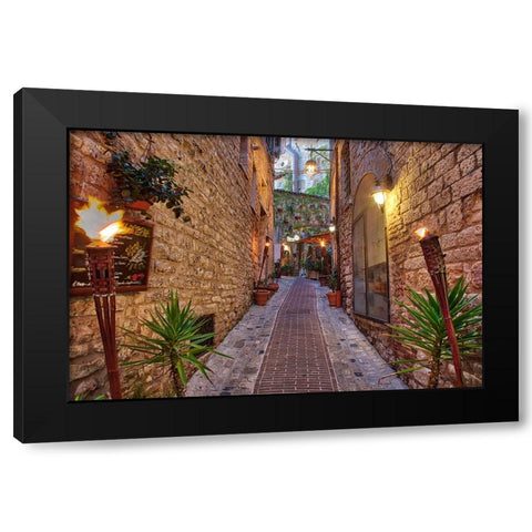Italy- Umbria. Street lined with flower pots in the town of Assisi. Black Modern Wood Framed Art Print with Double Matting by Eggers, Julie