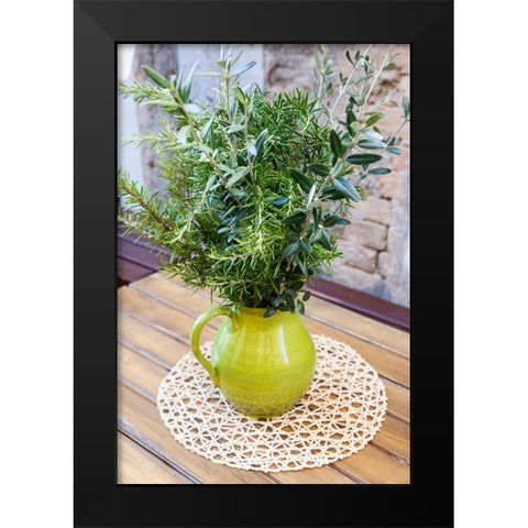 Italy- Umbria- Montefalco. Flower pot display of fresh herbs. Black Modern Wood Framed Art Print by Eggers, Julie
