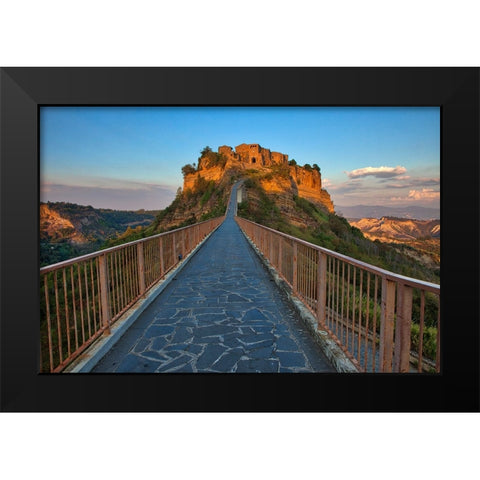 Italy- Tuscany. Evening light of Civita di Bagnoregio and the long bridge leading to town. Black Modern Wood Framed Art Print by Eggers, Julie