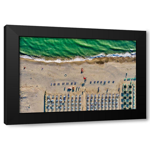 Italy-Tuscany-Torre del Lago Puccini-boathouse and neatly ordered beach chairs and umbrellas Black Modern Wood Framed Art Print by Molinari, Michele