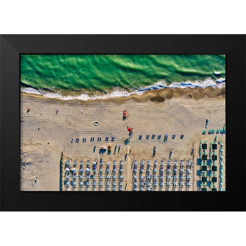 Italy-Tuscany-Torre del Lago Puccini-boathouse and neatly ordered beach chairs and umbrellas Black Modern Wood Framed Art Print by Molinari, Michele
