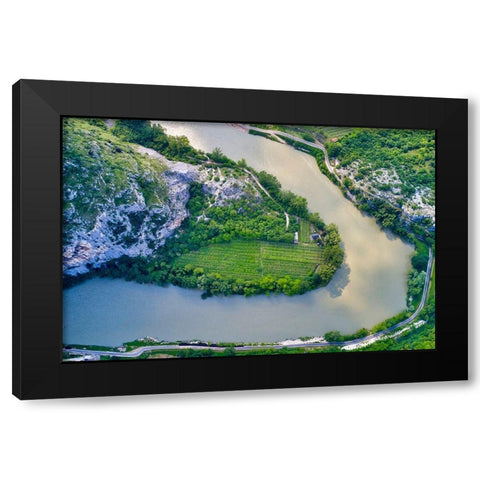 Italy-Adige river bend and vineyards Black Modern Wood Framed Art Print by Molinari, Michele