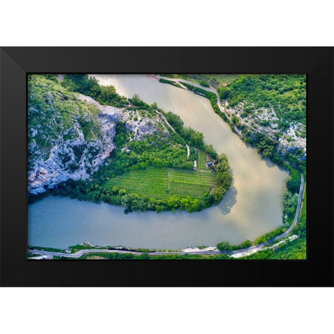 Italy-Adige river bend and vineyards Black Modern Wood Framed Art Print by Molinari, Michele