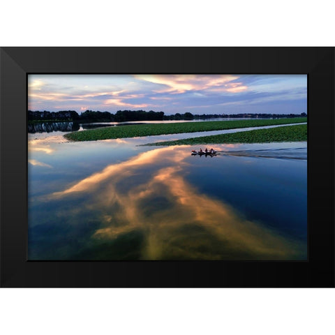 Italy-Mantova (Mantua) Sunset reflection and boat on lake Black Modern Wood Framed Art Print by Molinari, Michele