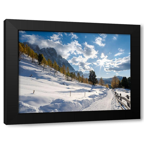 Geisler mountain range in the dolomites of the Villnoss Valley in South Tyrol-Alto Adige after an a Black Modern Wood Framed Art Print by Zwick, Martin