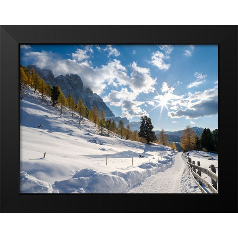 Geisler mountain range in the dolomites of the Villnoss Valley in South Tyrol-Alto Adige after an a Black Modern Wood Framed Art Print by Zwick, Martin