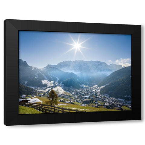 Sella mountain range and village Wolkenstein-Selva in the dolomites of South Tyrol-Alto Adige seen  Black Modern Wood Framed Art Print by Zwick, Martin