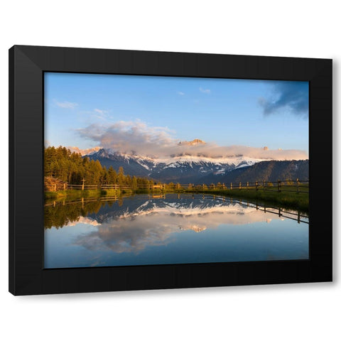 Rosengarten-Catinaccio mountain range in the dolomites of South Tyrol-Alto Adige-are reflected in a Black Modern Wood Framed Art Print by Zwick, Martin