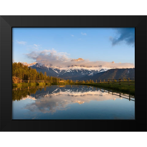 Rosengarten-Catinaccio mountain range in the dolomites of South Tyrol-Alto Adige-are reflected in a Black Modern Wood Framed Art Print by Zwick, Martin