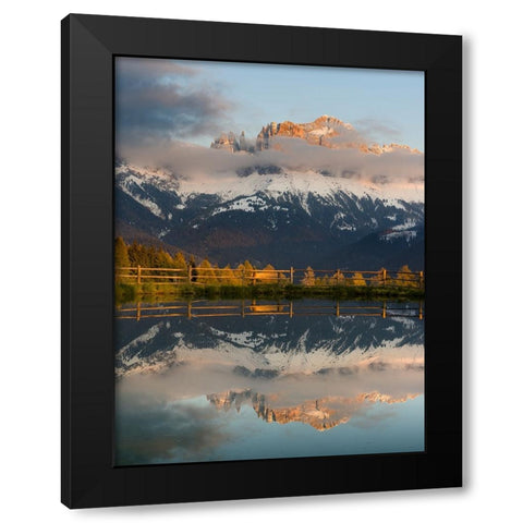 Rosengarten-Catinaccio mountain range in the dolomites of South Tyrol-Alto Adige-are reflected in a Black Modern Wood Framed Art Print by Zwick, Martin