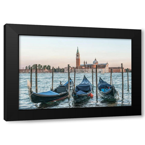 Italy-Venice Gondolas on the waterfront with San Giorgio Maggiore Church in the background Black Modern Wood Framed Art Print with Double Matting by Tilley, Rob