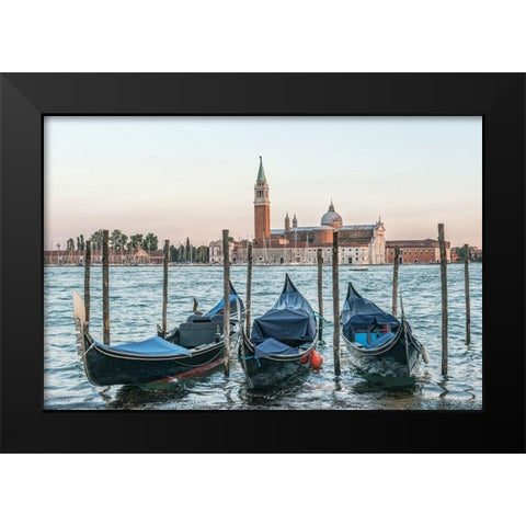 Italy-Venice Gondolas on the waterfront with San Giorgio Maggiore Church in the background Black Modern Wood Framed Art Print by Tilley, Rob