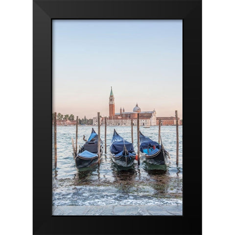 Italy-Venice Gondolas on the waterfront with San Giorgio Maggiore Church in the background Black Modern Wood Framed Art Print by Tilley, Rob