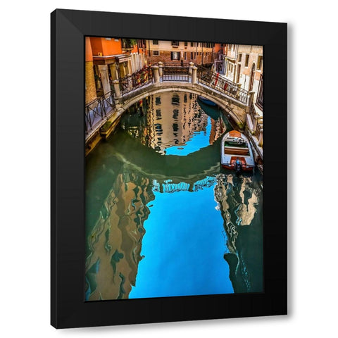 Colorful small canal and bridge creates beautiful reflections in Venice-Italy Black Modern Wood Framed Art Print by Perry, William