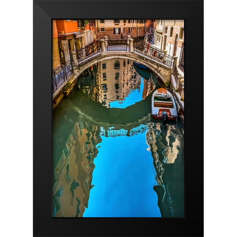 Colorful small canal and bridge creates beautiful reflections in Venice-Italy Black Modern Wood Framed Art Print by Perry, William