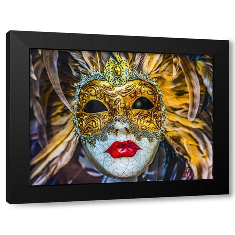White golden Venetian mask feathers-Venice-Italy-Used since 1200s for Carnival-Also used for Mardi  Black Modern Wood Framed Art Print with Double Matting by Perry, William