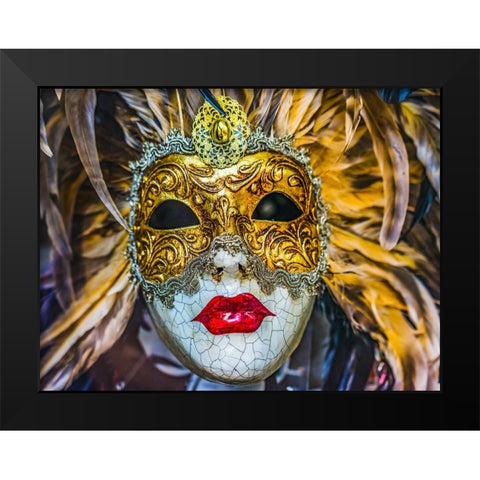 White golden Venetian mask feathers-Venice-Italy-Used since 1200s for Carnival-Also used for Mardi  Black Modern Wood Framed Art Print by Perry, William