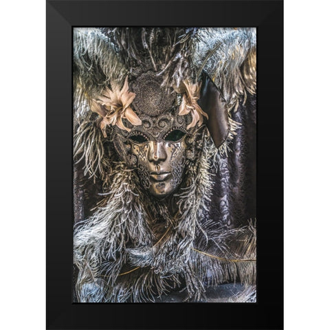 Silver Venetian mask feathers-Venice-Italy-Used since 1200s for Carnival-Also used for Mardi Gras Black Modern Wood Framed Art Print by Perry, William