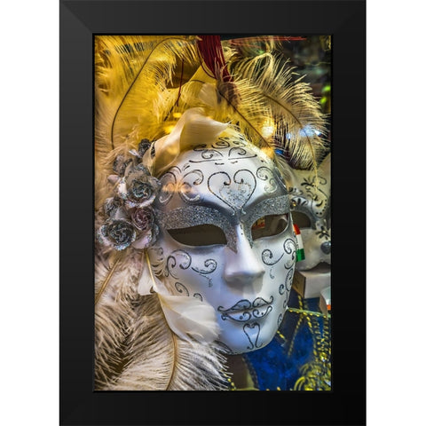 White Venetian mask feathers-Venice-Italy-Used since 1200s for Carnival-Also used for Mardi Gras Black Modern Wood Framed Art Print by Perry, William