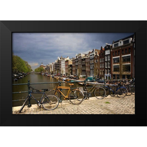 Netherlands, Amsterdam Canal from bridge Black Modern Wood Framed Art Print by Flaherty, Dennis