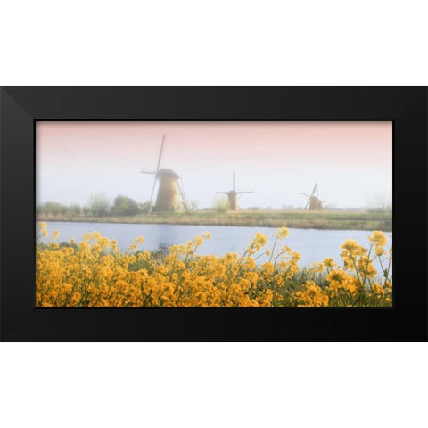 Netherlands, Kinderdijk Windmills next to stream Black Modern Wood Framed Art Print by Flaherty, Dennis