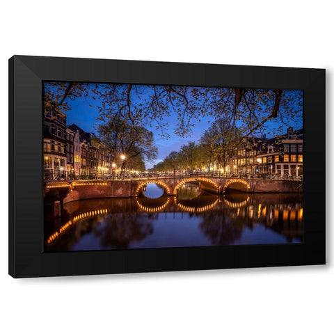 Europe-The Netherlands-Amsterdam-Canal scene at night Black Modern Wood Framed Art Print with Double Matting by Jaynes Gallery