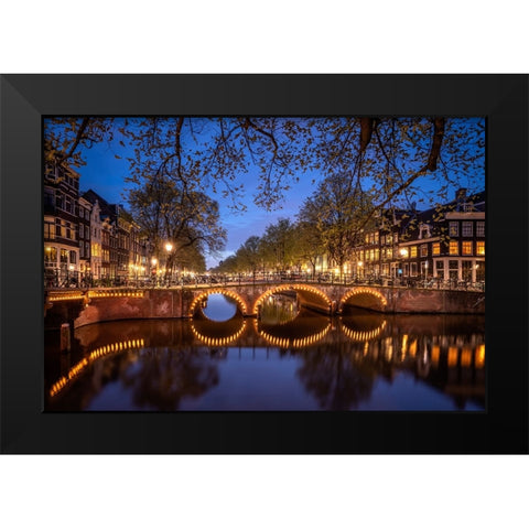 Europe-The Netherlands-Amsterdam-Canal scene at night Black Modern Wood Framed Art Print by Jaynes Gallery