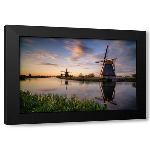 Europe-The Netherlands-Kinderdijk windmills at sunset Black Modern Wood Framed Art Print with Double Matting by Jaynes Gallery