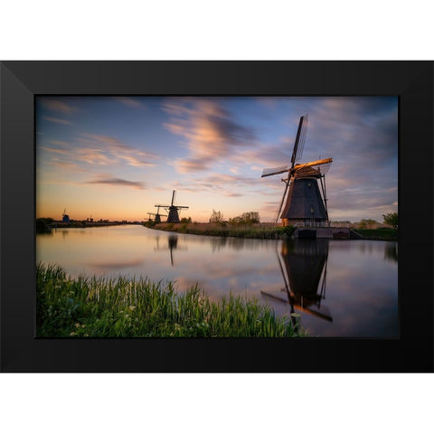 Europe-The Netherlands-Kinderdijk windmills at sunset Black Modern Wood Framed Art Print by Jaynes Gallery