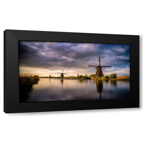Europe-The Netherlands-Kinderdijk windmills at sunset Black Modern Wood Framed Art Print with Double Matting by Jaynes Gallery